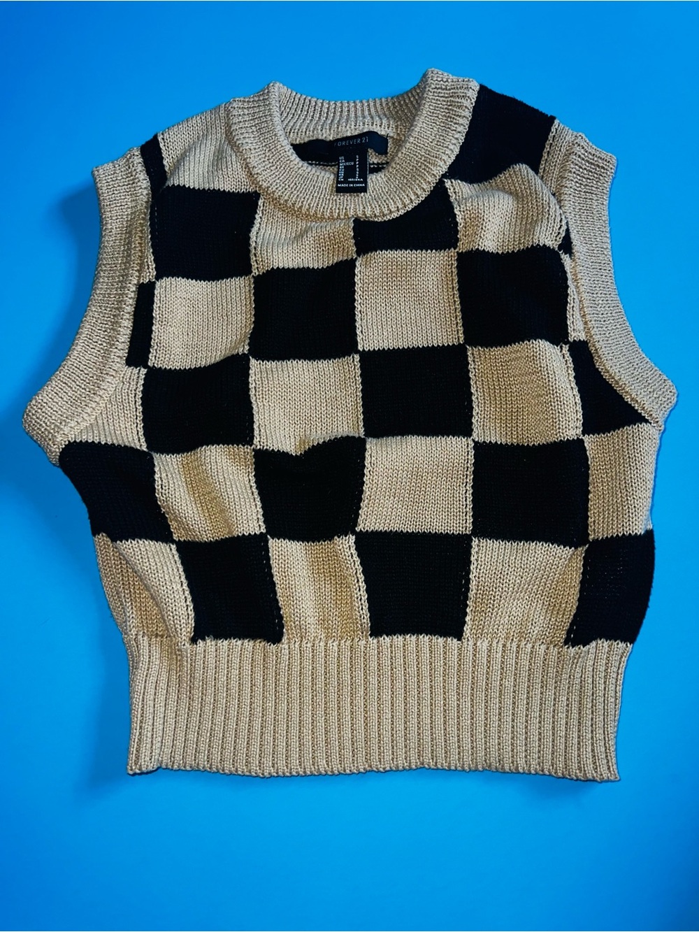 Forever 21 Checkered Sweater Vest Size S Black Tan
